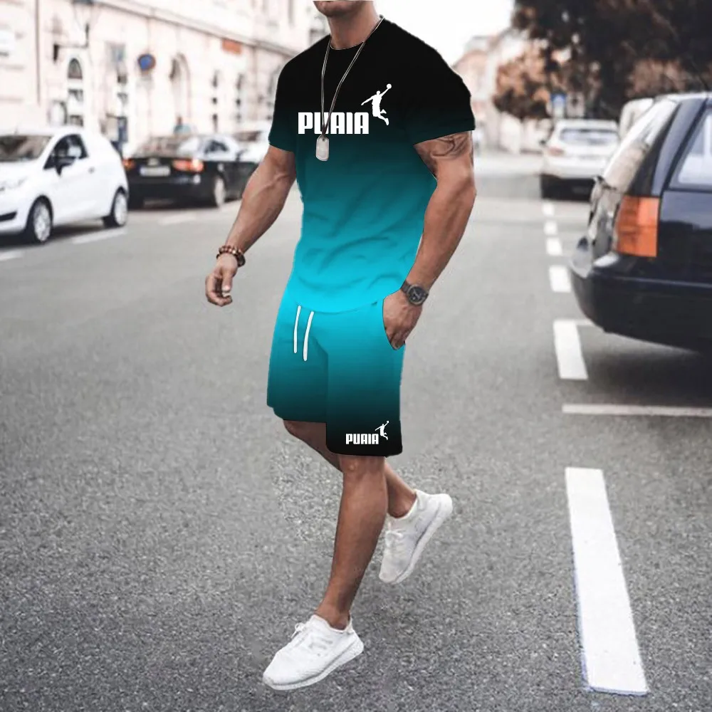 New summer casual wear 3D men\'s gradient T-shirt + shorts sports two-piece set personalized fashion trend creative men\'s suit