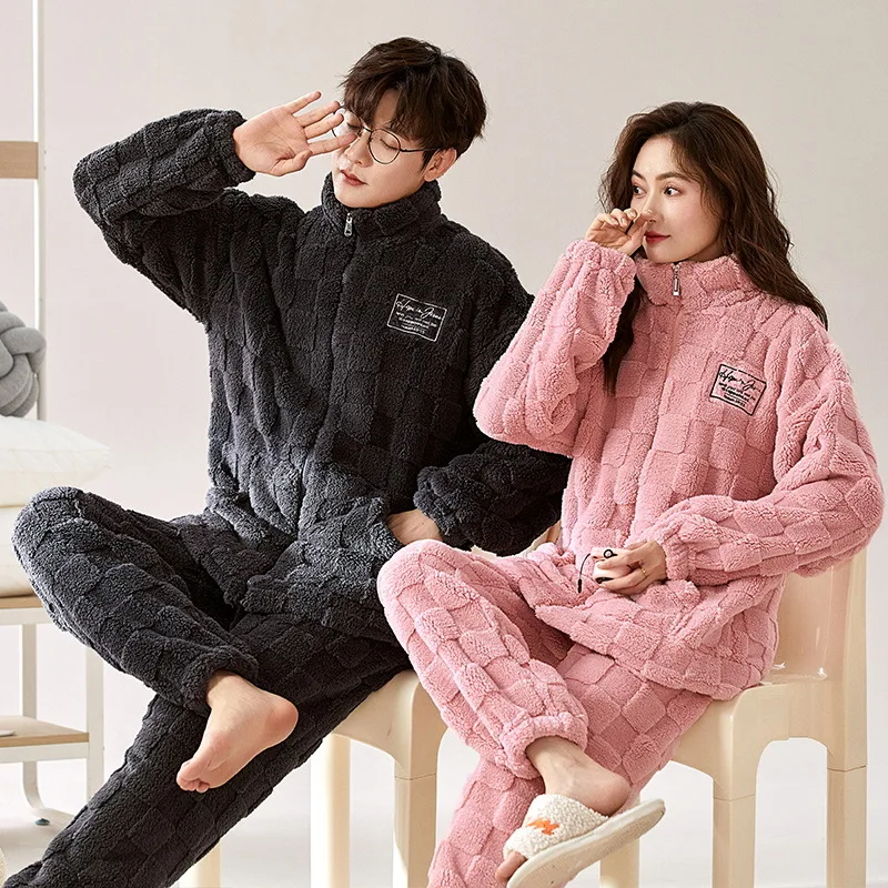 Pijamas de franela de manga larga para hombre, ropa de dormir de lana de Coral, conjuntos de pijamas cálidos, ropa de casa coreana Kawaii, Invierno