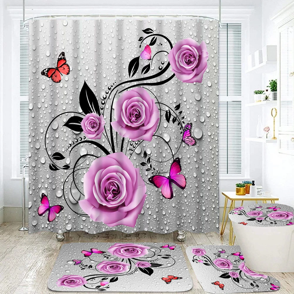 3D Butterfly Flower Fabric Waterproof Shower Curtain Bathroom Curtains Set Blue Pink Rose Non-Slip Rug Toilet Lid Cover Bath Mat