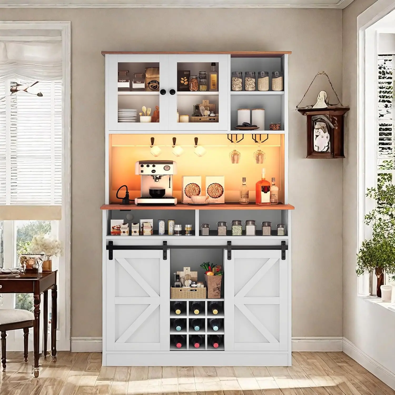 

Farmhouse Cabinet with Storage,72" H Bar Cabinet with Power Outlet & LED Light Strip,with Sliding Barn Door & Wine Glass Rack