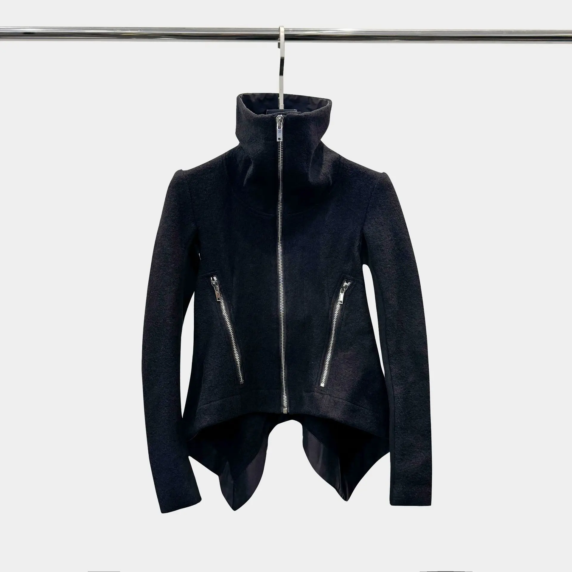 High Street Dark Black RO Jacket Women's Autumn and Winter Wool Motorcycle Slim Fit High Neck Streetwear Zipper Jacket Coats