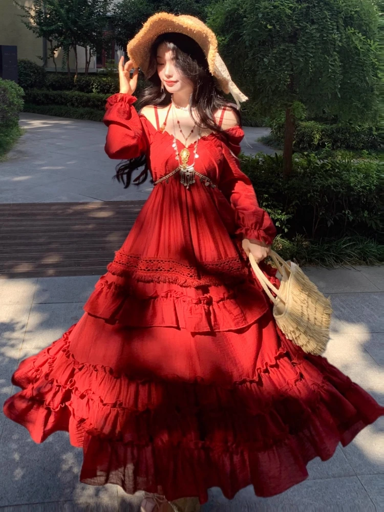 

Autumn Women Party Long Dresses Elegant Spaghetti Strap Off Shoulder Chic Vintage Vestidos Evening Party Going Out Outfits