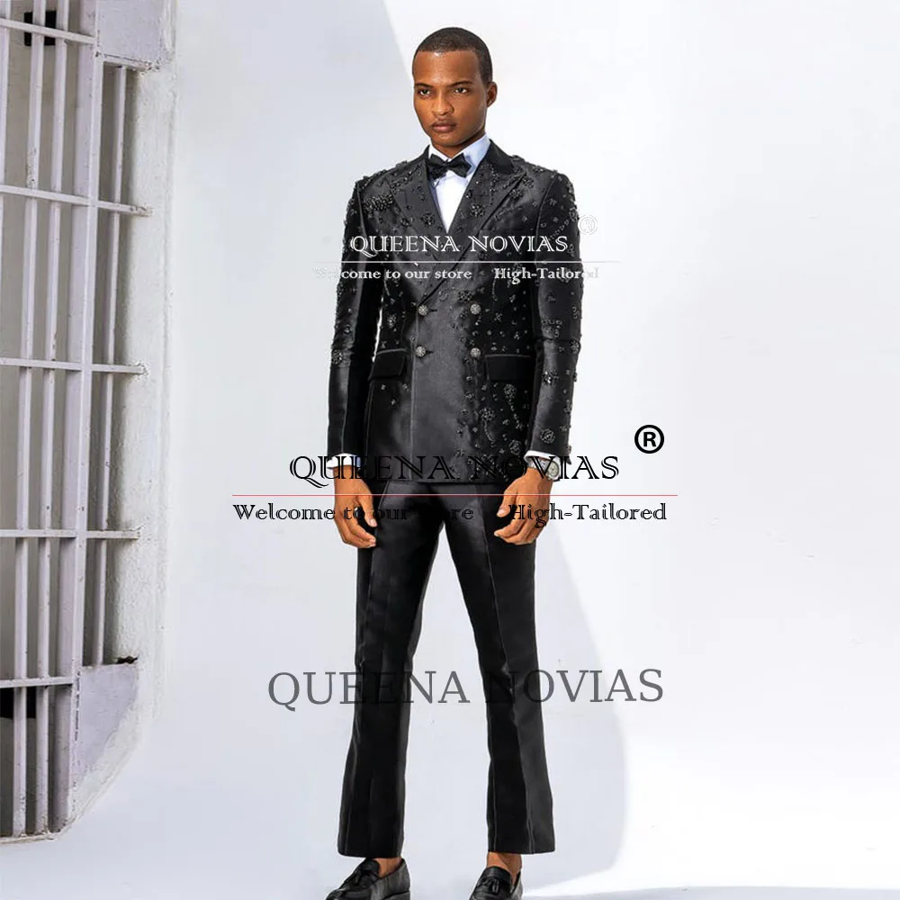 Luxury Diamond Beaded Groom Wedding Suit Customized Double Breasted Man Formal Party Tuxedo Slim Fit 2 Pieces trajes para hombre