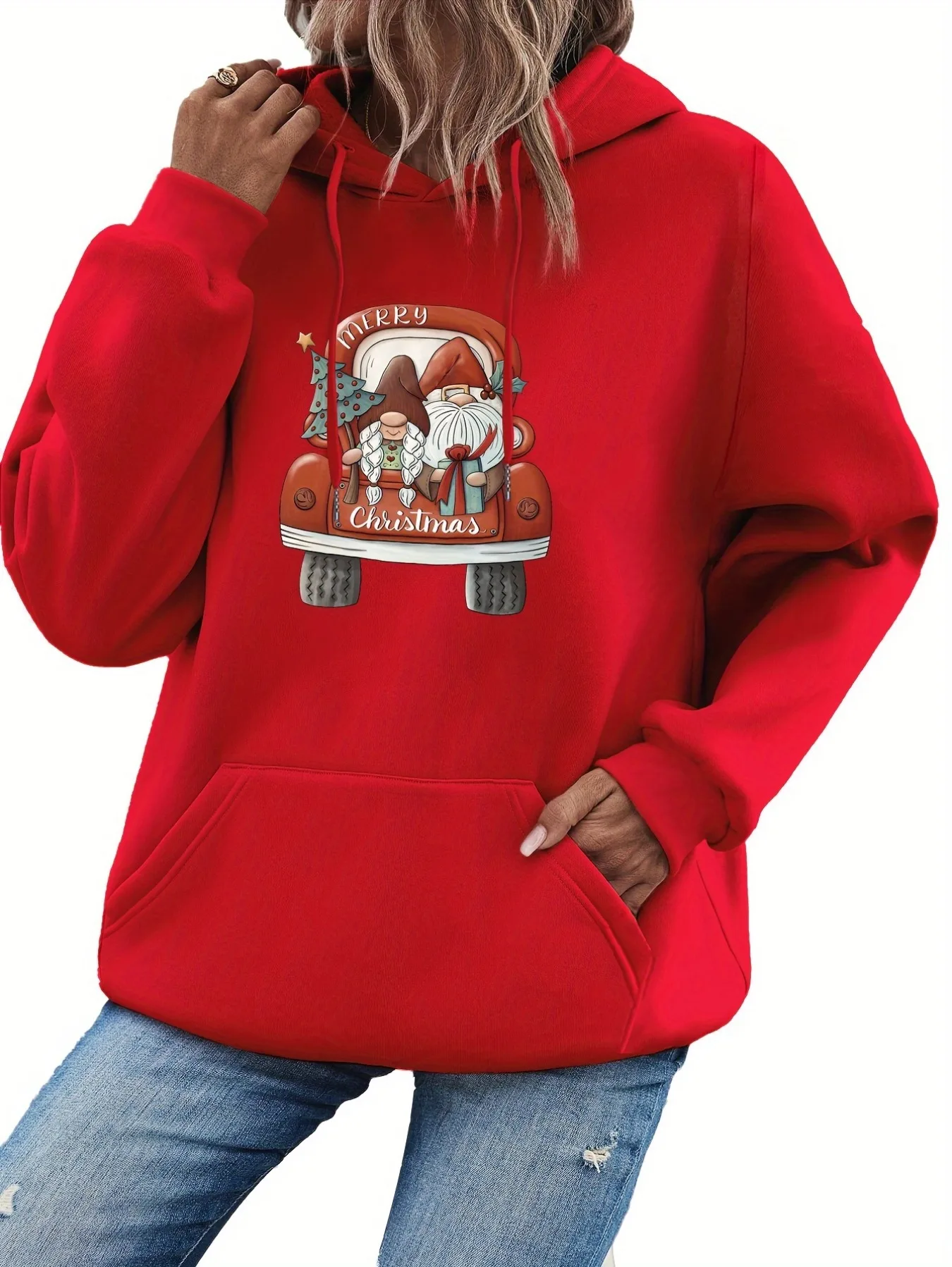 Christmas Printed Drawstring Hoodie, Casual Long Sleeve Kangaroo Pocket Hoodie Sweatshirt for men and women