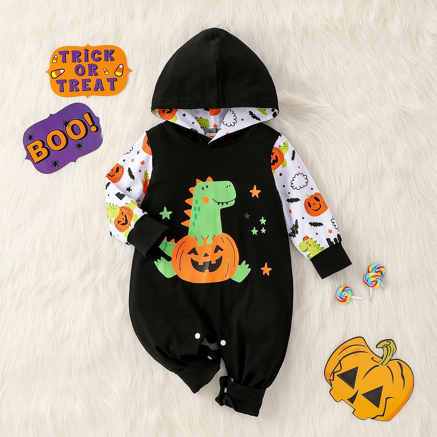 Baby unisex Jumpsuit Long Sleeve Autumn Printing Cartoon Pumpkin For Hallows\' Day Hooded Onesies