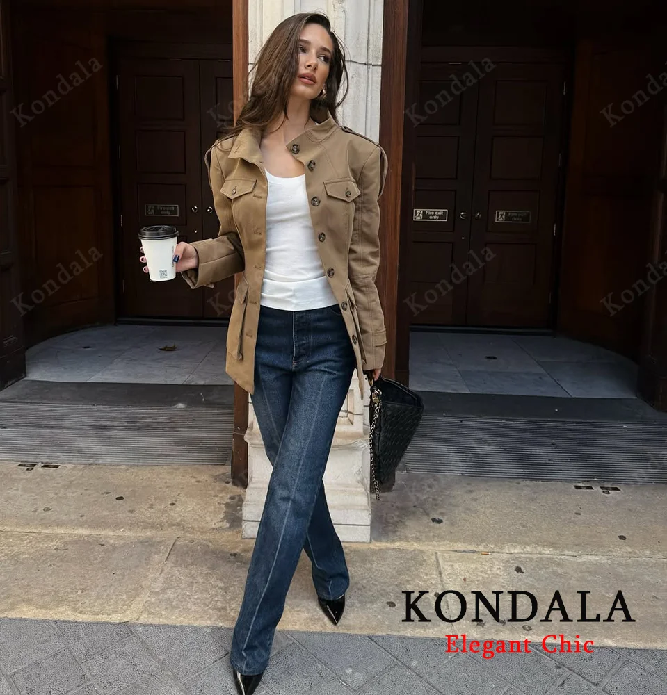 

KONDALA Autumn Women Elegant Short Trench Coat Buttons Pockets Slim-Waist Jacket Coat 2025 Fall Winter Commute Lady Vintage Coat