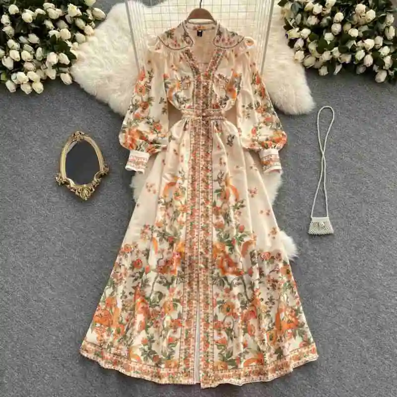 Women's Dress Palace Retro Printing Spring Autumn Winter Long Sleeve Elegant Dresses Single Breasted A-Line Shirts Vestidos Robe