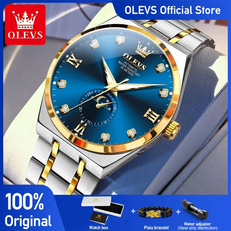 

OLEVS 7069 Мужские часы Роскошные оригинальные автоматические механические часы с фазой Луны Водонепроницаемые светящиеся часы с коробкой Оригинальный продукт