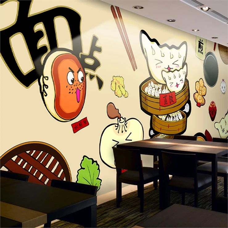 custom 3D Hand painted cartoon food wallpaper Chinese dumpling restaurant noodle shop snack bar restaurant background wall mural