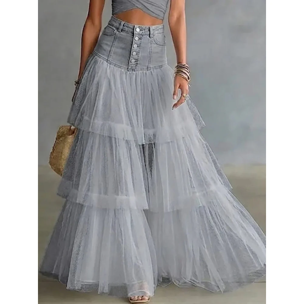 Women's Mesh Patchwork Denim Maxi Skirt High Waist Single-breasted A-Line Layered Tulle Flowing Hem Chic Female Vacation Skirt
