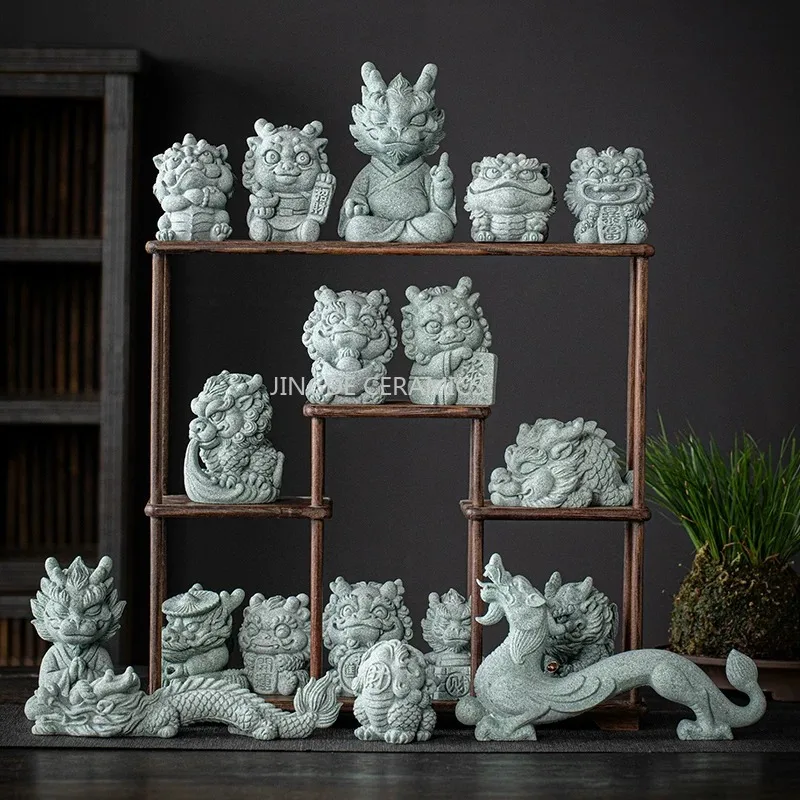 1PCS Premium Green Sandstone Lucky Zodiac Dragon Qilin Tea Pet Ornament Home Desktop Fish Tank Landscape Decoration Gift