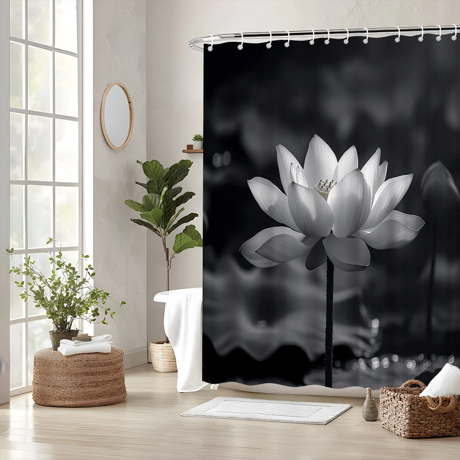 Rideau de douche fleur de lotus noir et blanc – Design de pétales floris serénaux et de lys d'eau, esthétique tranquille, polyester lavable