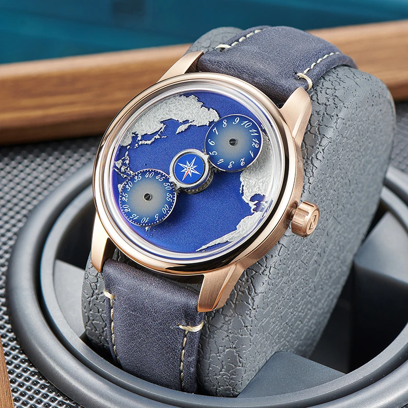 OBLVLO Top Brand Rose Gold Earth DIal Automatic Men Watch Analog Blue NIghtlight Leather Strap Mechanical Watches Rejos JM-EARTH