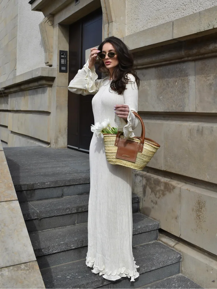 Fashion Solid Ruffles Pleated Loose Long Dress Women Elegant Round Neck Flare Long Sleeves Maxi Dresses Lady High Street Wear