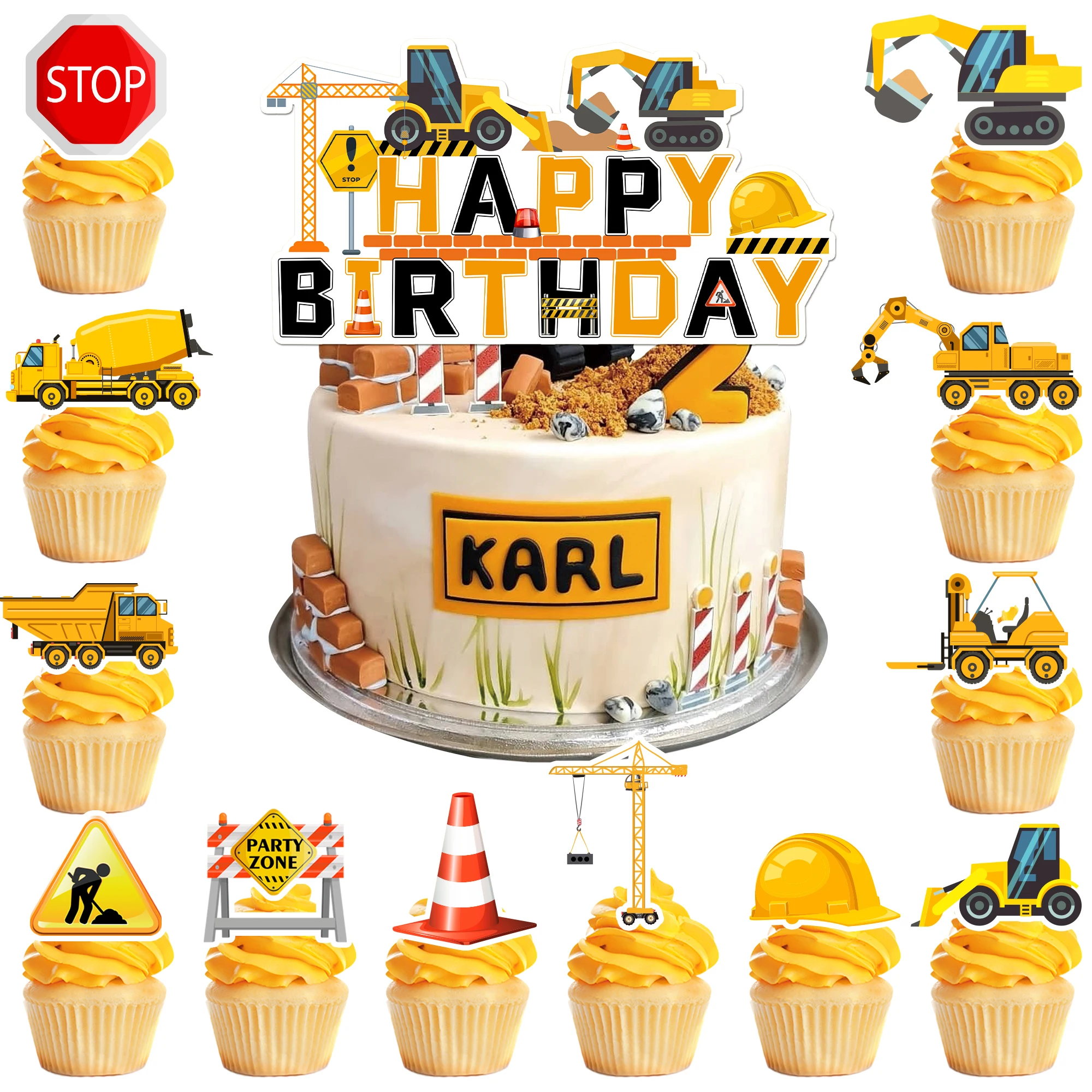 Construction birthday 13 pcs Cake Toppers,Vehicles Cake Decorations-Truck Excavator Tower Crane Traffic Road Sign Cake Decor