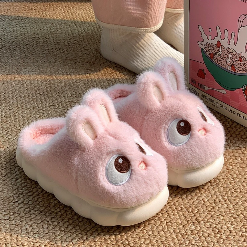 Cute Cartoon Rabbit Cotton Slippers For Women Winter House Shoes Warm Plush Thick Sole Anti-slip Female Home Floor Fluffy Slides view 6