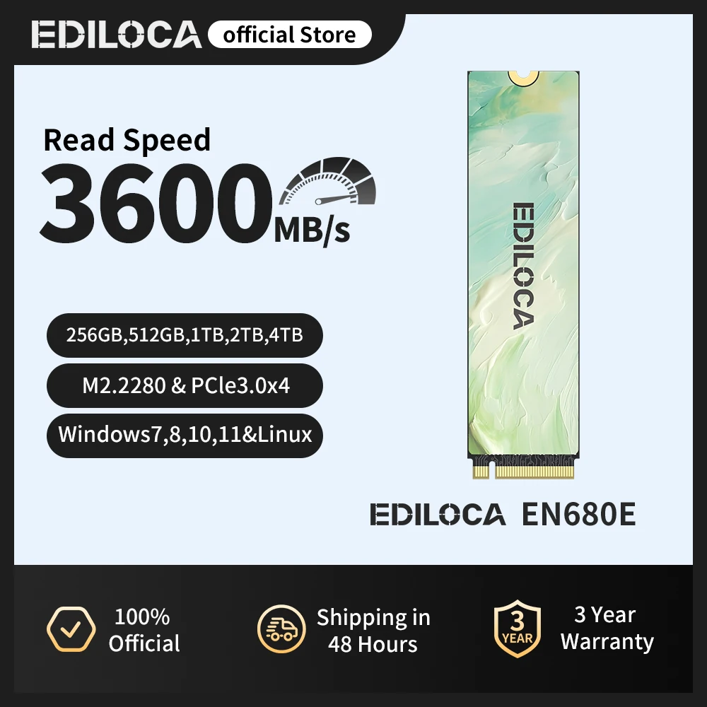 Ediloca EN680E SSD PCIe3.0x4 NVMe M.2 2280 3600 MB/s QLC Dynamic SLC Cache Unità a stato solido interna per PC desktop e laptop