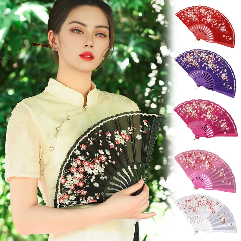 Vintage Plum Blossom Folding Fans Performance Props Hand Fans Chinese Style Dance Party Hand Held Fans Art Craft Decoration