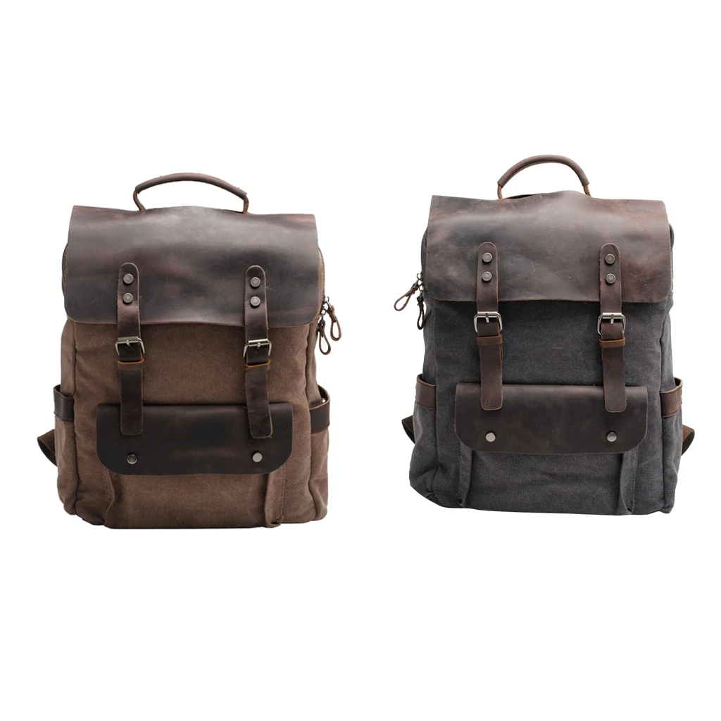 Sports Canvas Leather Backpack College Rucksack with Cotton Lining for Outdoor Camping and School