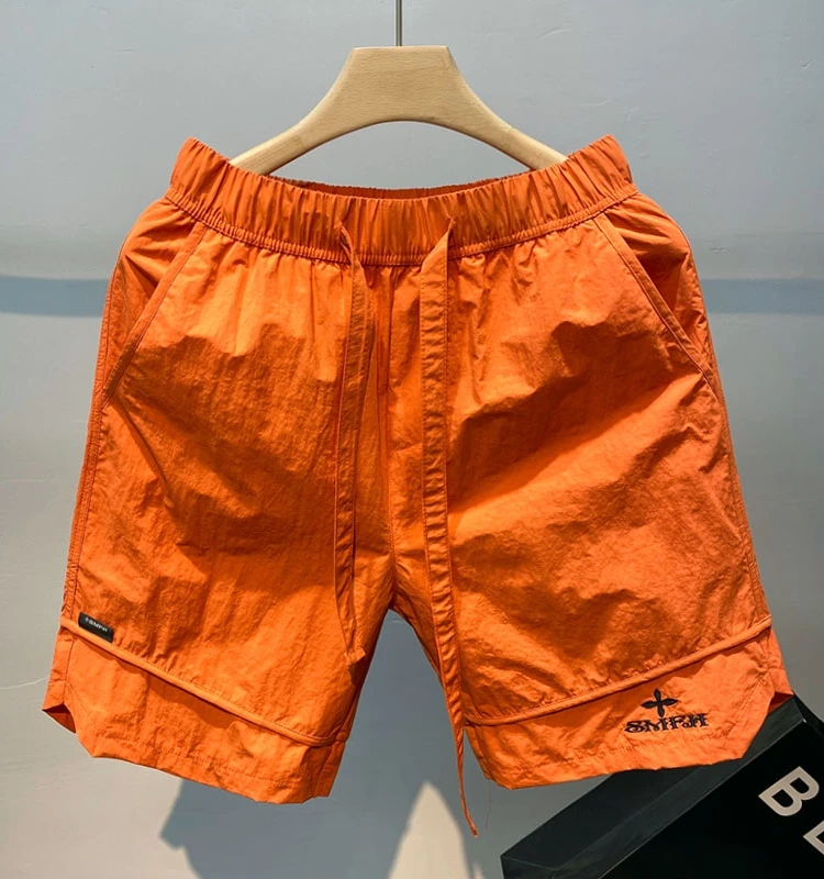 

Мужские летние тонкие американские модные спортивные пятиточечные ледяные шелковые брюки Qui Dry, повседневные пляжные брюки с вышивкой крестиком