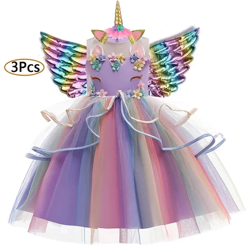 

Baby Girls Carnival Clothes Unicorn Rainbow Costume Dresses+Headband+Wings Teenager Princess Birthday Wedding Party Dress