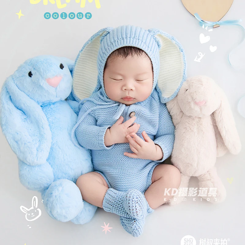 新生児ベビーブルーニットソフトロンパースセット、ポンポン帽子と靴下付き、幼児写真撮影用コスチューム、0〜1ヶ月スタジオ写真撮影用衣装