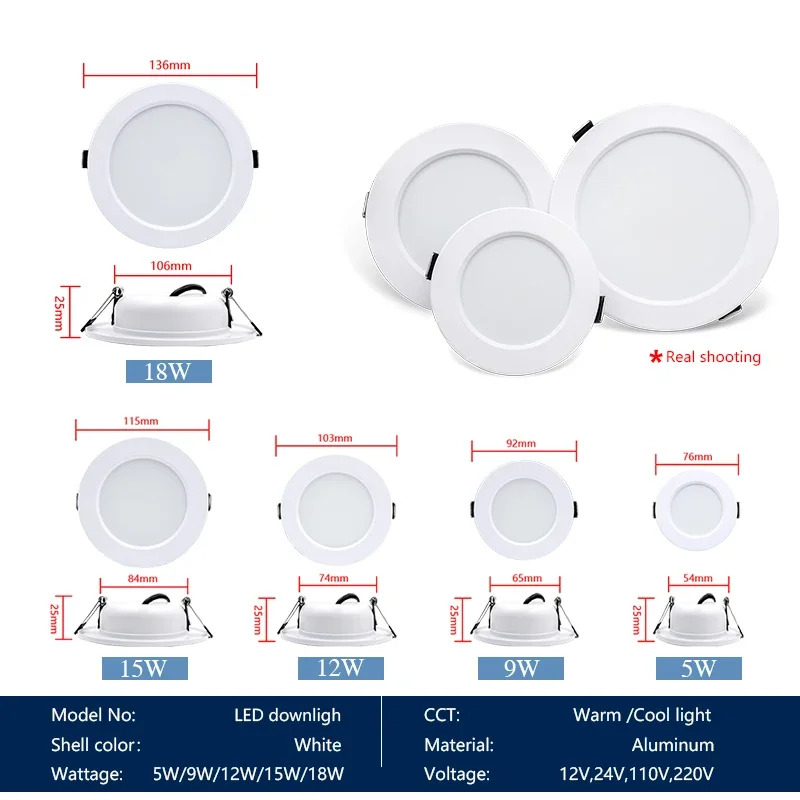 Recesso Redondo LED Downlight, Luz de Painel Redondo, Iluminação Interior Spotlight, AC 110V, 220V, 5W, 9W, 12W, 15W, 18W, DC12V, 24V