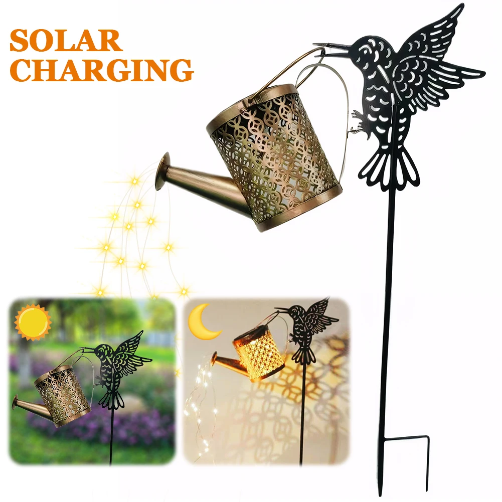 

Solar Watering Can Light Metal Hanging Lantern Waterproof Hummingbird Watering Can Light Decorative for Lawn Patio Decor