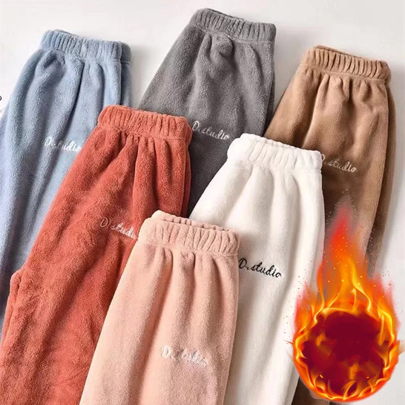 

Korean Fashion Thermal Pants Women Cozy Coral Fleece Lounge Wear Soft Wide Leg Pants for Home Winter Street Style Outdoor