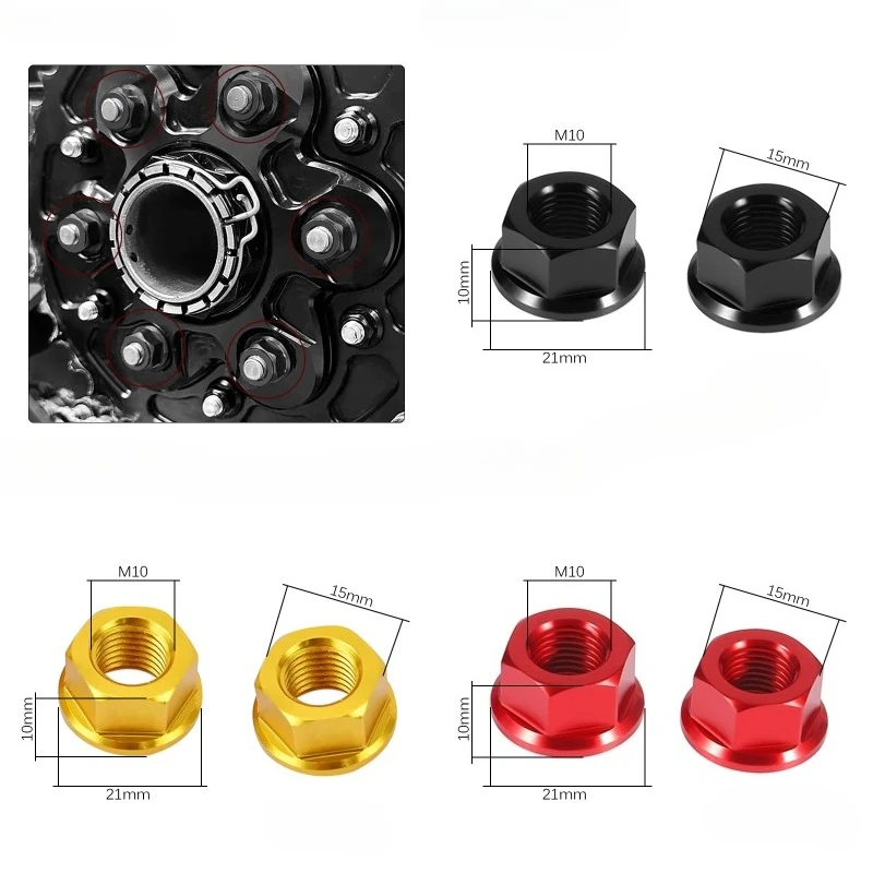 6 Pcs M10x1.25 Flange Rear Axle Nut Universal Motorcycle Electric Bike Wheel Hub Fastener 7050 Aluminum Alloy