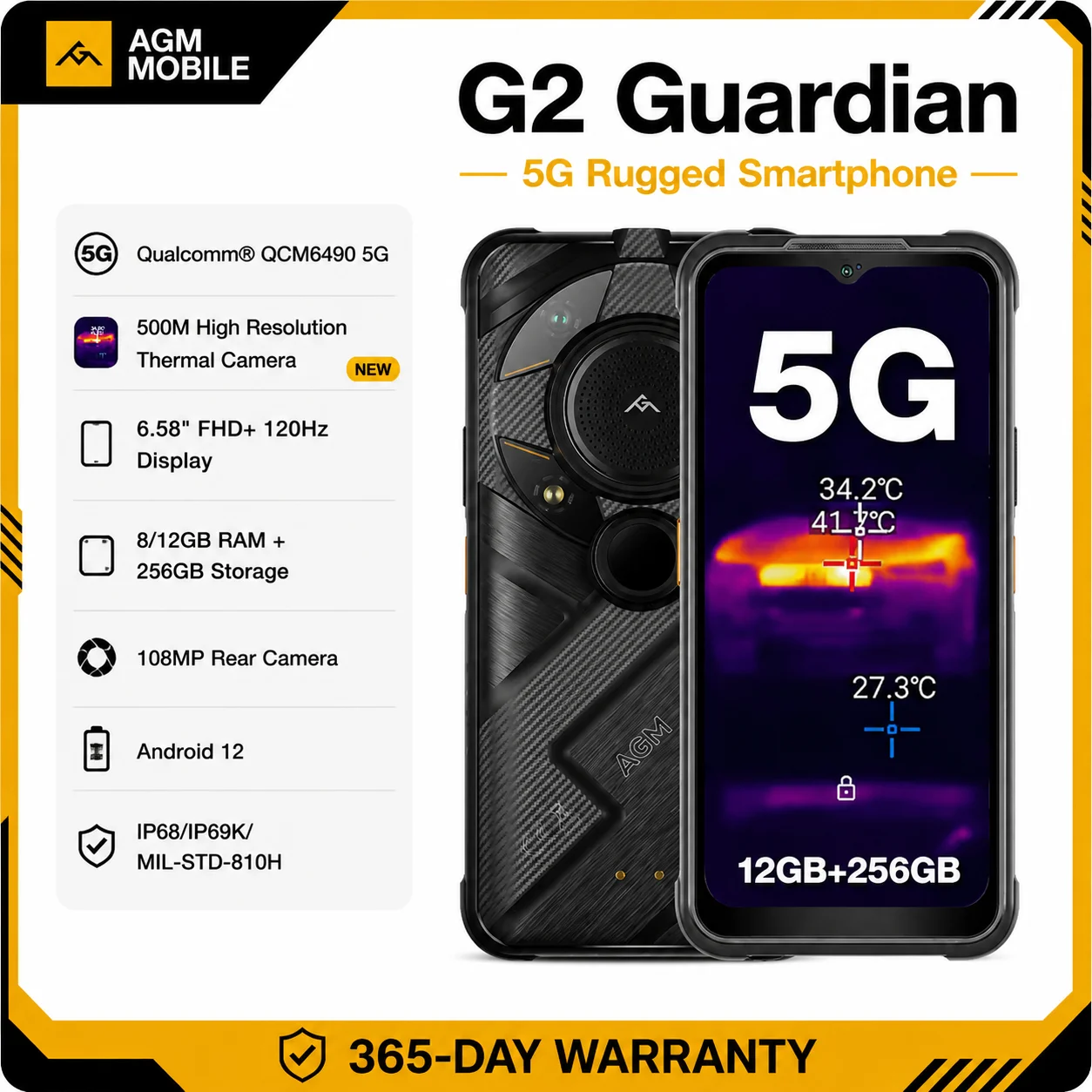 Imagen de Smartphone robusto AGM G2 Guardian 5G con imagen térmica de 500 m, lente de 10 mm, 25 fps, cámara de 108 MP + 32 MP, 12 GB + 256 GB, batería de 7000 mAh,
