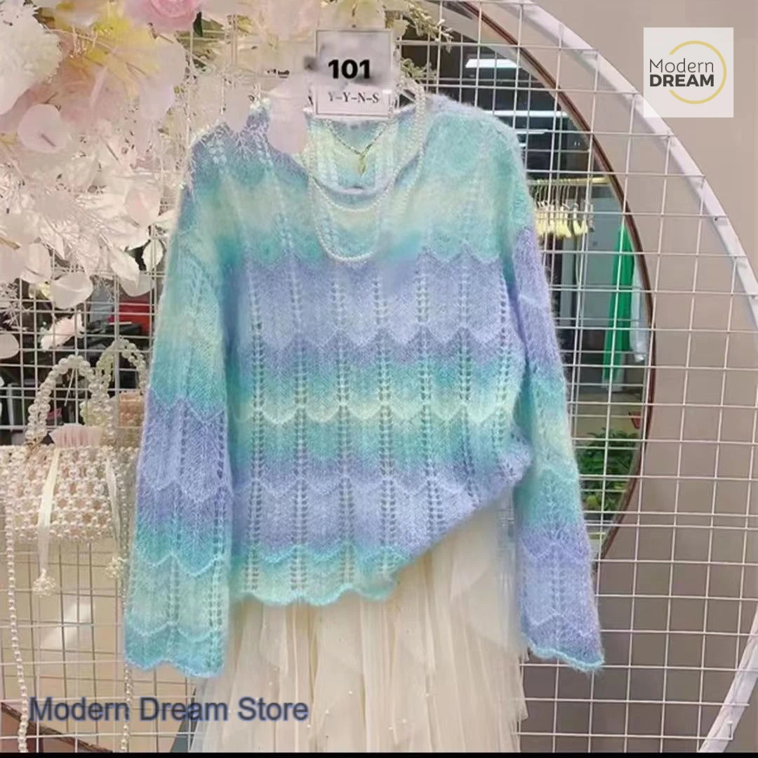 

Korean Style Rainbow Knitted Sweater Women's Spring and Autumn New Large Size Thin Loose Pullover Hollow Leisure Joker Top