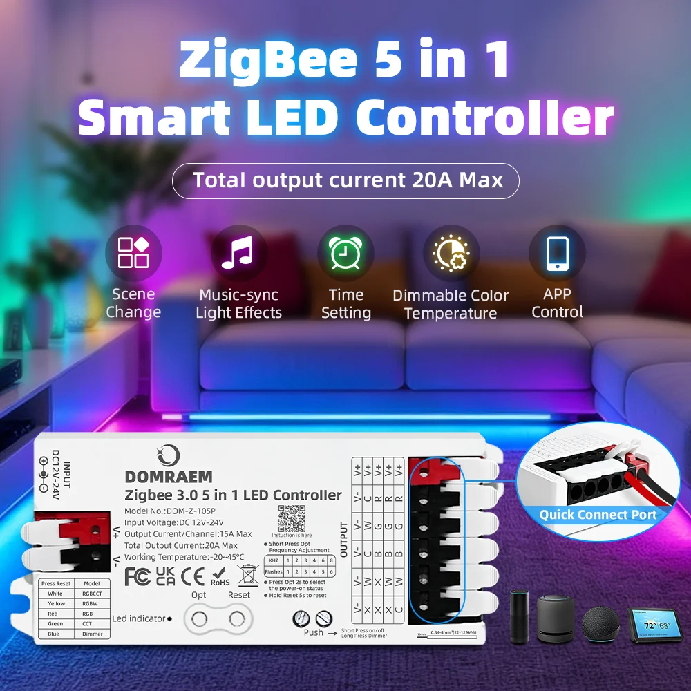 DOMRAEM Zigbee 3.0 Smart LED Controller DIMMER CCT RGB RGBW RGBCCT 5 in 1 Strips 20A Max Alexa Voice Works with Hu*e Tuya Smart