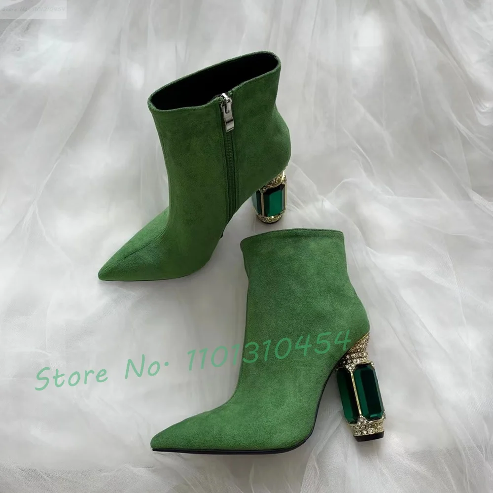 Gems High Heels Stretch Boots Women New In Novelty Pointy Green Ankle Boots Fashion Female Crystal Heel Retro Suede Long Shoes