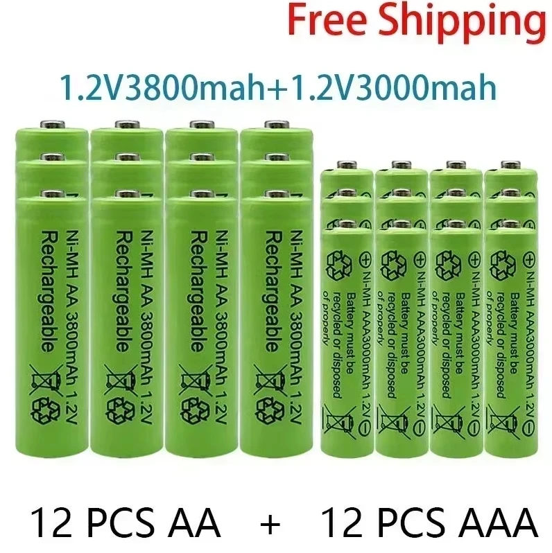 1.2V Rechargeable Battery 100% Genuine 1.2V AA 3800mAh +AAA 3000mAh Rechargeable Battery NI-MH Battery Free Shipping