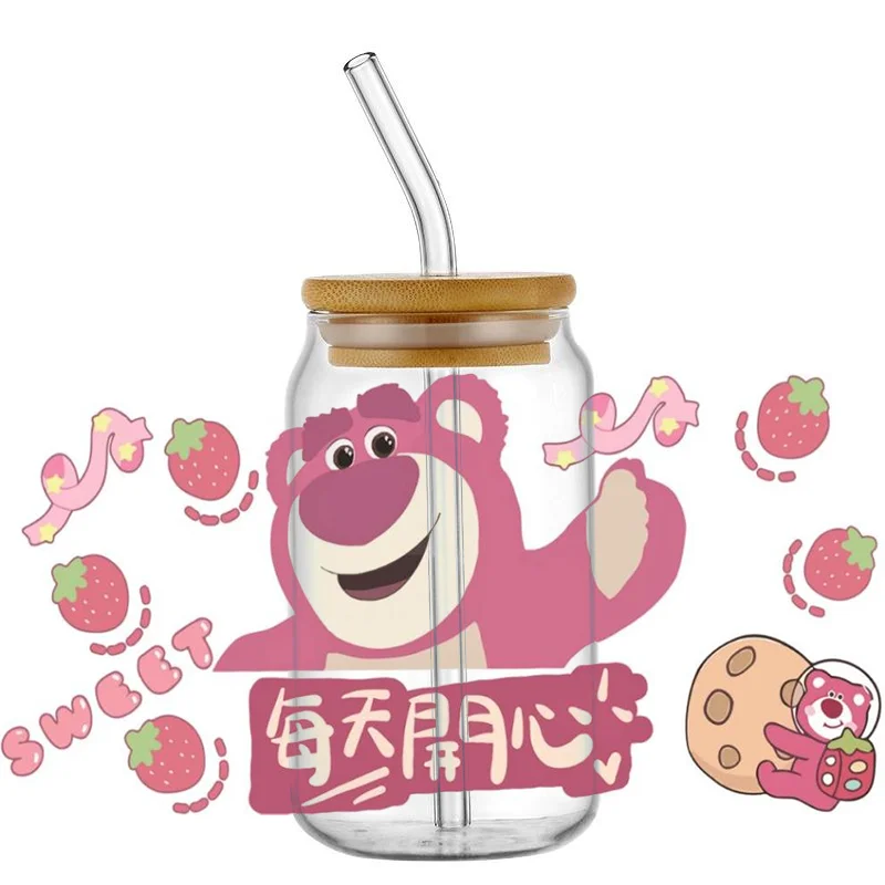 Miniso Strawberry Bear 3D Waterproof UV DTF Cup Wrap for 16Oz 10OZ Libbey Glass Can DIY Transfer Sticker