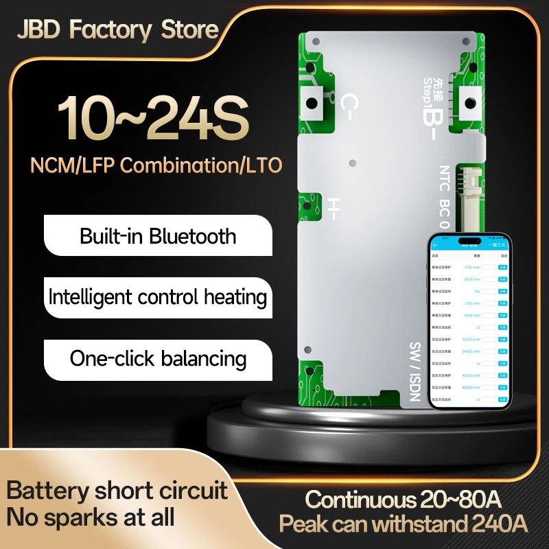 

Jiabaida Spark Prevention 10S 11S 13S 14S 15S 16S 19S 20S 36V 48V 60V 72V Smart BMS LiFePO4 Li-ion 40A-80A with BT UART