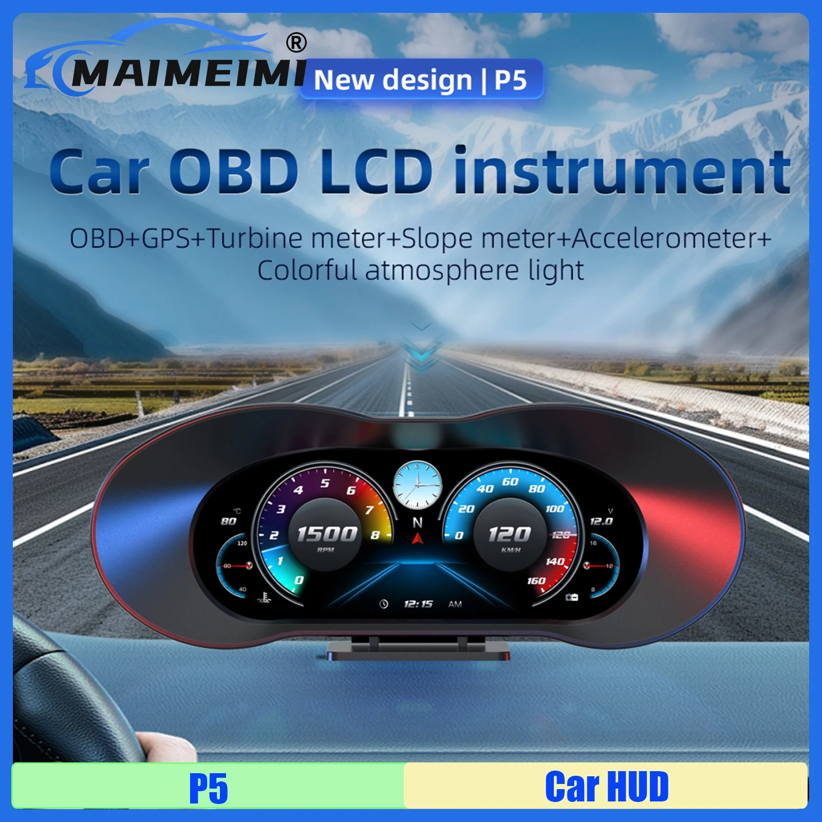 MAIMEIMI OBD+GPS+Turbine Meter+Slope Meter+Accelerometer P5 Car HUD LCD Instrument Speed RPM Compass Clock Water Temp Overspeed