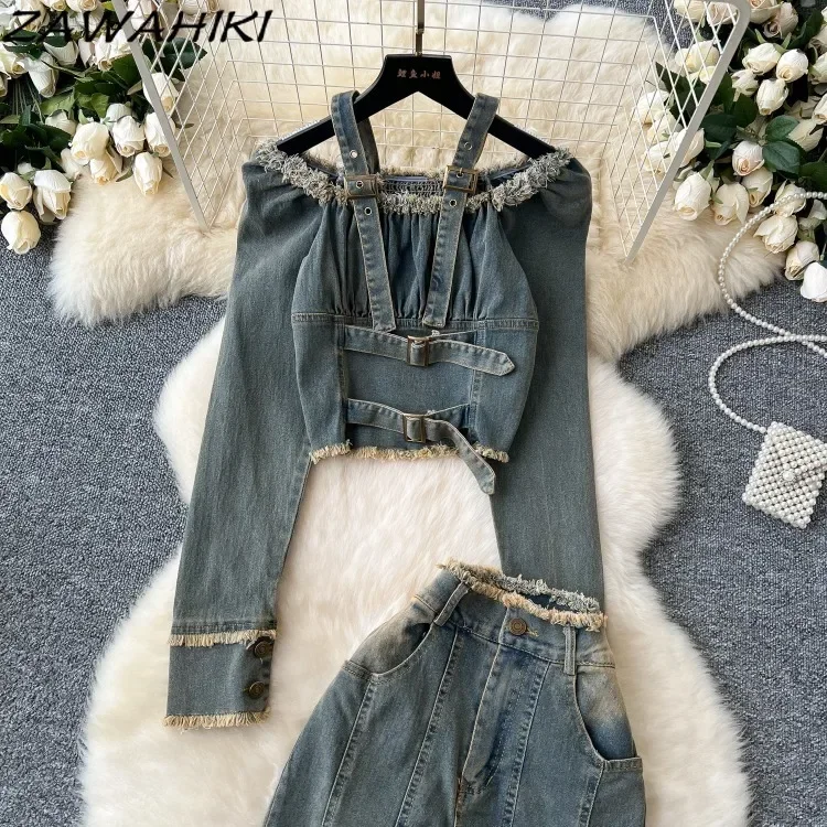 American Retro Two Piece Set Women Patchwork Off Shoulder Strap Denim Top + High Waist All Match Jeans Office Lady Ropa Mujer