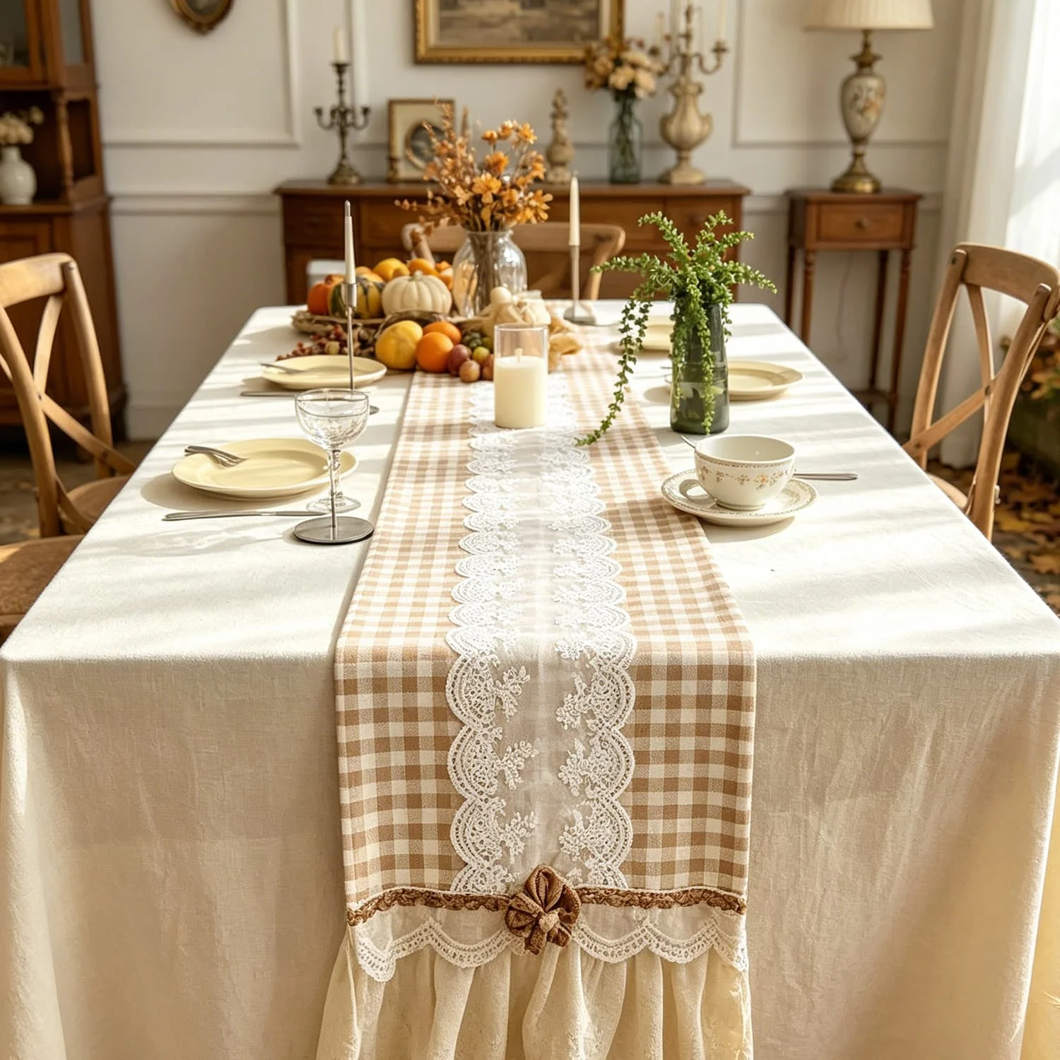 Gingham Check Lace Table Runner 3D Flower Ruffle Hem Vintage Embroidered Table Dresser Runner for Dining Table Home Party Decor