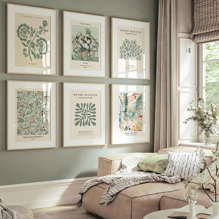 حكيم الأخضر الأخضر الأزهار جدار الفن يطبع مجموعة الحديثة 6 مجردة الملصقات معرض قماش اللوحة صور غرفة المعيشة ديكور