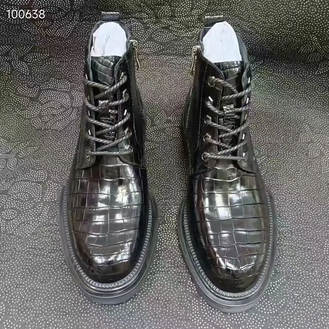 Luxury Crocodile Skin Men's Winter Boots 100% Genuine Real Alligator leather Cow skin Lining Handmade Version Anti-slide Sole