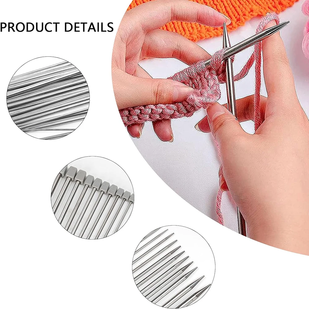 11Pairs Knitting Needle Set Straight Single Pointed Stainless Steel Sweater Needles Set 2mm-8mm with Storage Bag Sewing Supplies