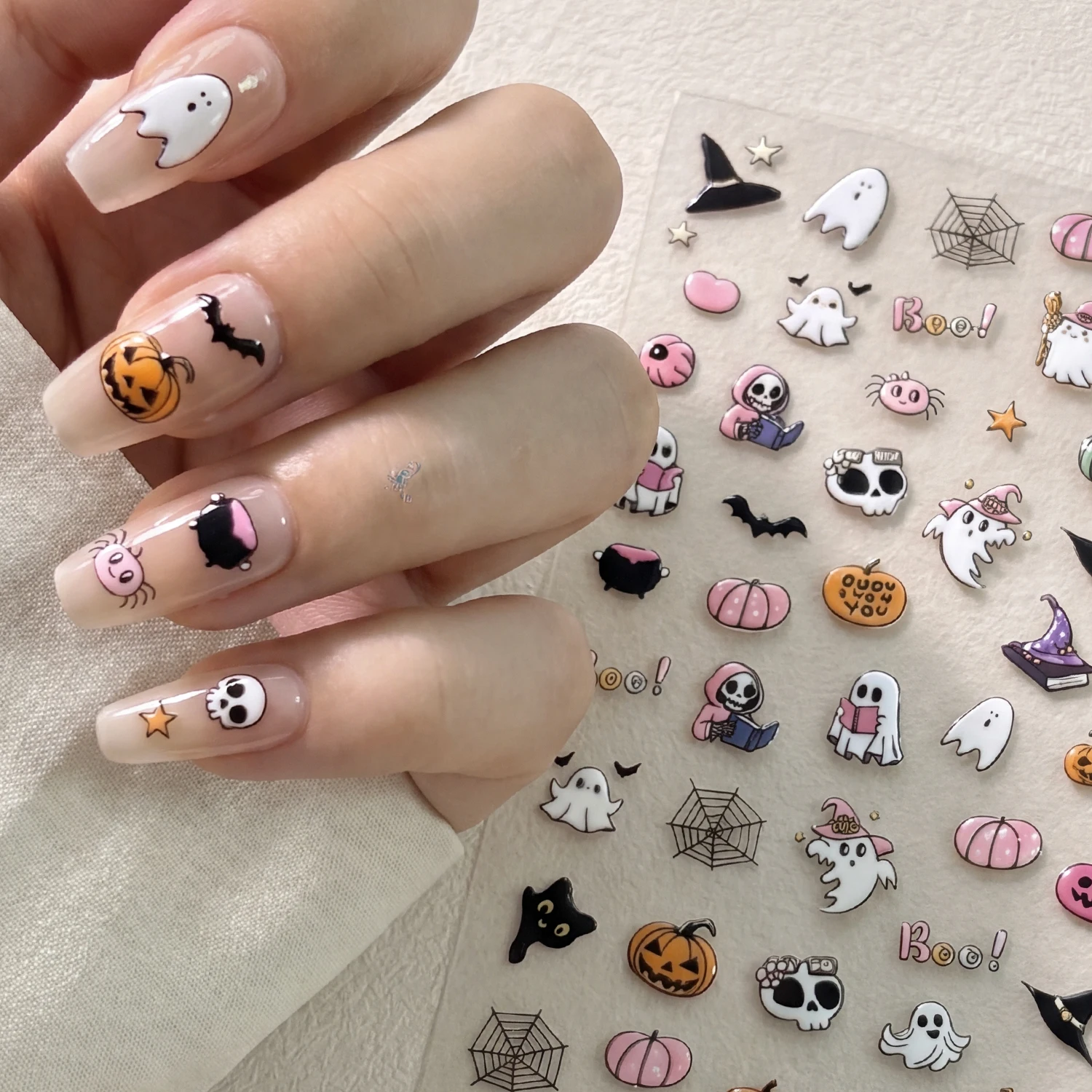 1pcs Pink Cartoon Ghost Pumpkin Halloween Nail Stickers Wizard Hat Black Cat Skeleton Frame Nail Decals Halloween Nail Decoratio