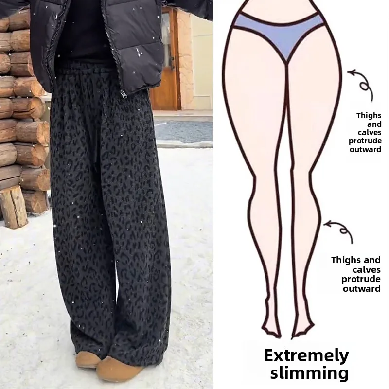 

Fleece Lined Thick Leopard Print High Waist Wide Leg Pants Women's Autumn Winter plus Size Casual Trousers plus Size Fashion