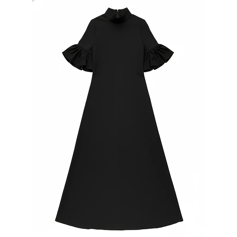 Yeezzi 2025 New Black Dress For Women Flared Sleeve Stand Collar Loose Elegant Evening Maxi Dresses Church A-Line Robe