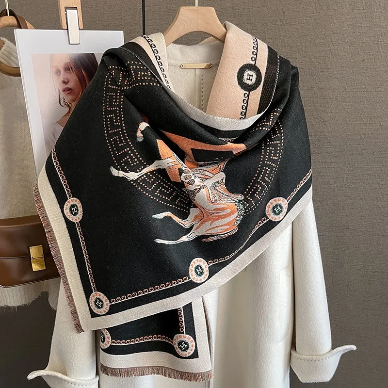 Luxury Winter Faux Cashmere Scarf Women 2025 fashionable Little horse thickened European and American warm Shawl image 2