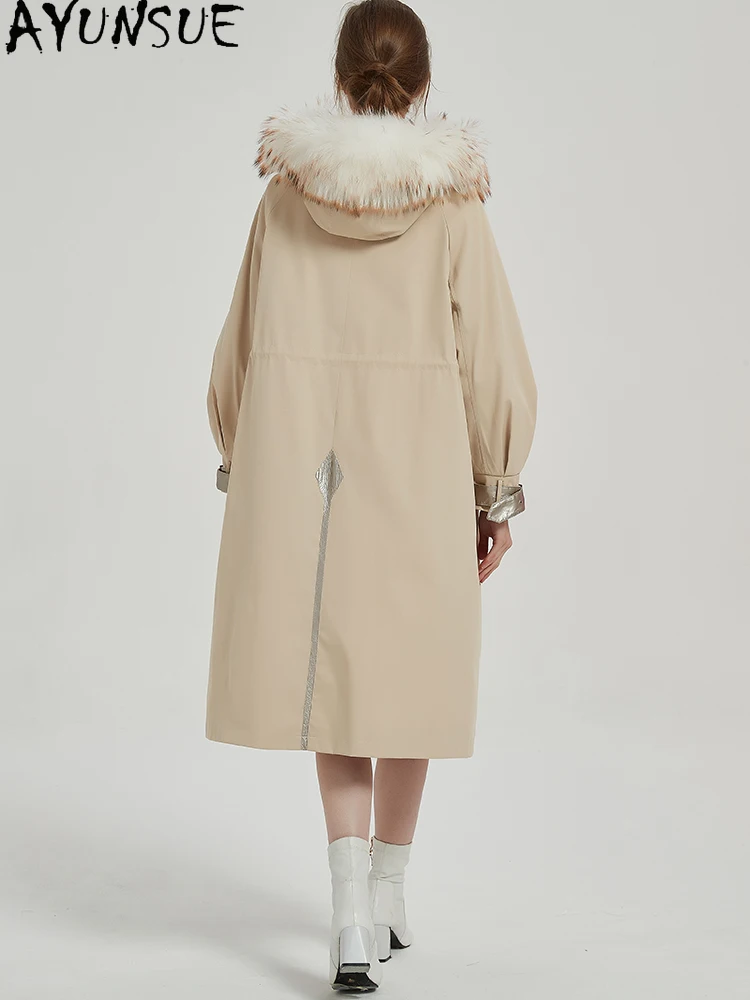 سترة نسائية من فراء الأرانب من AYUNSUE ريكس لعام 2025 معاطف من الفرو الحقيقي ملابس شتوية للسيدات بياقة من فرو الراكون وبطانة من فراء الراكون قابلة للفصل