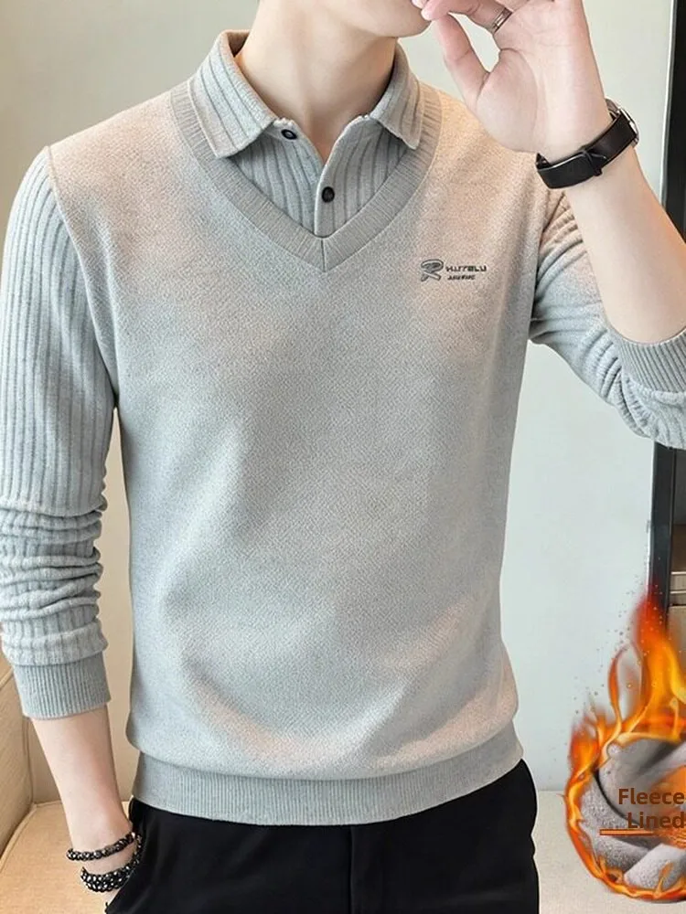 

Men's Knitted Faux Two-Piece Sweater Thiened Fce Collar Base irt Casual Sle Polyester Fiber Warm And Wear-Resis...