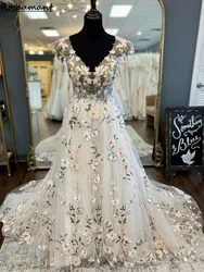 Romantic Illusion Cap Sleeve A-Line Wedding Dresses V-Neck Floral Appliques Lace Bridal Gowns Robe De Mariee